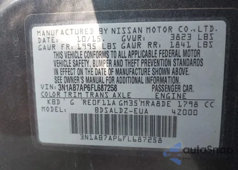 2015 Nissan Sentra Sv из США, поврежденный, VIN 3N1AB7AP6FL687258